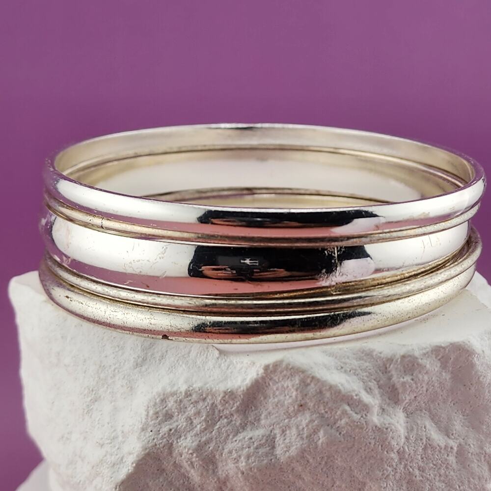 Silver Tone Three Smooth Bangle Bracelet Set Wide Slim Stacking Jewelry